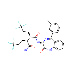 Cc1cccc(C2=N[C@H](NC(=O)[C@H](CCC(F)(F)F)[C@H](CCC(F)(F)F)C(N)=O)C(=O)Nc3ccccc32)c1 ZINC000210779059