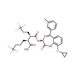 Cc1cccc(C2=N[C@H](NC(=O)[C@H](CCC(F)(F)F)[C@H](CCCC(F)(F)F)C(N)=O)C(=O)Nc3c(OC4CC4)cccc32)c1 ZINC000210733582