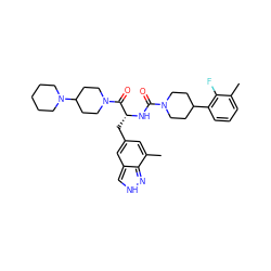 Cc1cccc(C2CCN(C(=O)N[C@H](Cc3cc(C)c4n[nH]cc4c3)C(=O)N3CCC(N4CCCCC4)CC3)CC2)c1F ZINC000653709044