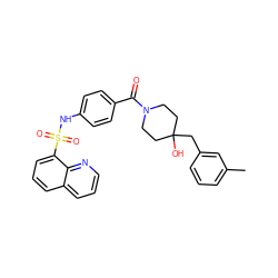 Cc1cccc(CC2(O)CCN(C(=O)c3ccc(NS(=O)(=O)c4cccc5cccnc45)cc3)CC2)c1 ZINC000220700886