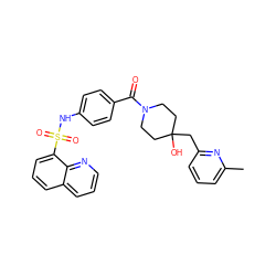 Cc1cccc(CC2(O)CCN(C(=O)c3ccc(NS(=O)(=O)c4cccc5cccnc45)cc3)CC2)n1 ZINC000220603717