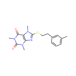 Cc1cccc(CCSc2nc3c(c(=O)n(C)c(=O)n3C)n2C)c1 ZINC000095563704