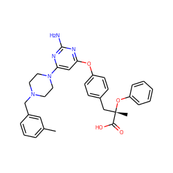 Cc1cccc(CN2CCN(c3cc(Oc4ccc(C[C@](C)(Oc5ccccc5)C(=O)O)cc4)nc(N)n3)CC2)c1 ZINC000042989251