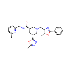 Cc1cccc(CNC(=O)[C@@H]2C[C@@H](c3nnc(C)o3)CN(Cc3nc(-c4ccccc4)oc3C)C2)n1 ZINC000071332856