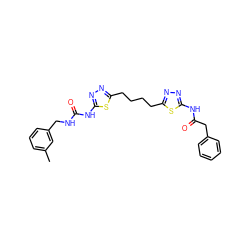 Cc1cccc(CNC(=O)Nc2nnc(CCCCc3nnc(NC(=O)Cc4ccccc4)s3)s2)c1 ZINC000169698317