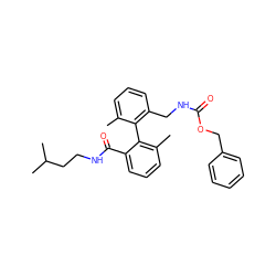 Cc1cccc(CNC(=O)OCc2ccccc2)c1-c1c(C)cccc1C(=O)NCCC(C)C ZINC000013493175