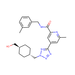 Cc1cccc(CNC(=O)c2cc(-c3nnn(C[C@H]4CC[C@H](CO)CC4)n3)cc(C)n2)c1 ZINC000653688569