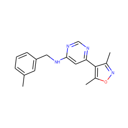 Cc1cccc(CNc2cc(-c3c(C)noc3C)ncn2)c1 ZINC000004266811