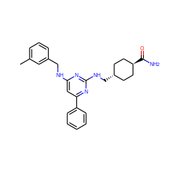 Cc1cccc(CNc2cc(-c3ccccc3)nc(NC[C@H]3CC[C@H](C(N)=O)CC3)n2)c1 ZINC000299820067