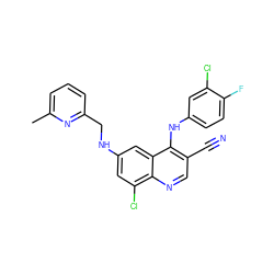 Cc1cccc(CNc2cc(Cl)c3ncc(C#N)c(Nc4ccc(F)c(Cl)c4)c3c2)n1 ZINC000014977411