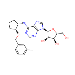 Cc1cccc(CO[C@H]2CCC[C@@H]2Nc2ncnc3c2ncn3[C@H]2O[C@H](CO)[C@@H](O)[C@H]2O)c1 ZINC000096169063