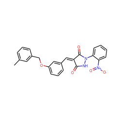 Cc1cccc(COc2cccc(/C=C3\C(=O)NN(c4ccccc4[N+](=O)[O-])C3=O)c2)c1 ZINC000040938544