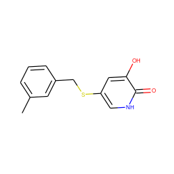 Cc1cccc(CSc2c[nH]c(=O)c(O)c2)c1 ZINC000206325953