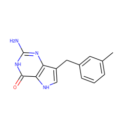 Cc1cccc(Cc2c[nH]c3c(=O)[nH]c(N)nc23)c1 ZINC000013861145