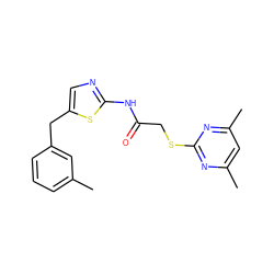 Cc1cccc(Cc2cnc(NC(=O)CSc3nc(C)cc(C)n3)s2)c1 ZINC000000818849