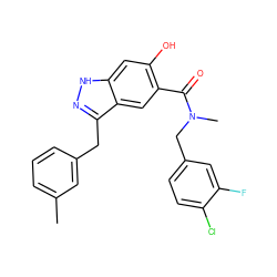 Cc1cccc(Cc2n[nH]c3cc(O)c(C(=O)N(C)Cc4ccc(Cl)c(F)c4)cc23)c1 ZINC000084653915