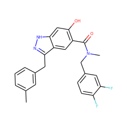 Cc1cccc(Cc2n[nH]c3cc(O)c(C(=O)N(C)Cc4ccc(F)c(F)c4)cc23)c1 ZINC000084706867