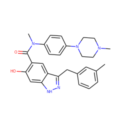 Cc1cccc(Cc2n[nH]c3cc(O)c(C(=O)N(C)c4ccc(N5CCN(C)CC5)cc4)cc23)c1 ZINC000116962074