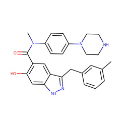 Cc1cccc(Cc2n[nH]c3cc(O)c(C(=O)N(C)c4ccc(N5CCNCC5)cc4)cc23)c1 ZINC000116963384