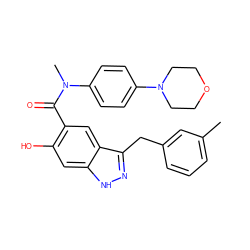 Cc1cccc(Cc2n[nH]c3cc(O)c(C(=O)N(C)c4ccc(N5CCOCC5)cc4)cc23)c1 ZINC000116963152