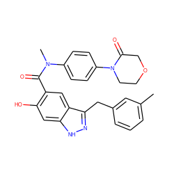 Cc1cccc(Cc2n[nH]c3cc(O)c(C(=O)N(C)c4ccc(N5CCOCC5=O)cc4)cc23)c1 ZINC000116963257