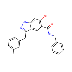 Cc1cccc(Cc2n[nH]c3cc(O)c(C(=O)NCc4ccccc4)cc23)c1 ZINC000084711593