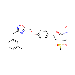 Cc1cccc(Cc2noc(COc3ccc(CC[C@@](C)(C(=O)NO)S(C)(=O)=O)cc3)n2)c1 ZINC000169686546