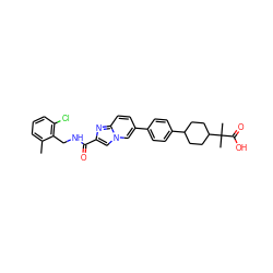 Cc1cccc(Cl)c1CNC(=O)c1cn2cc(-c3ccc(C4CCC(C(C)(C)C(=O)O)CC4)cc3)ccc2n1 ZINC000147718224