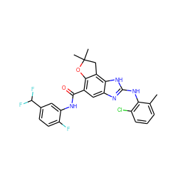 Cc1cccc(Cl)c1Nc1nc2cc(C(=O)Nc3cc(C(F)F)ccc3F)c3c(c2[nH]1)CC(C)(C)O3 ZINC000139945461