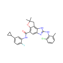 Cc1cccc(Cl)c1Nc1nc2cc(C(=O)Nc3cc(C4CC4)ccc3F)c3c(c2[nH]1)CC(C)(C)O3 ZINC000140030525