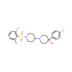 Cc1cccc(Cl)c1S(=O)(=O)N1CCC(N2CCC(O)(c3ccc(Cl)cc3)CC2)CC1 ZINC000029125547