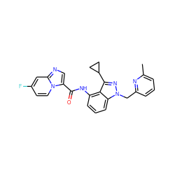 Cc1cccc(Cn2nc(C3CC3)c3c(NC(=O)c4cnc5cc(F)ccn45)cccc32)n1 ZINC000117893521