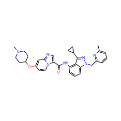 Cc1cccc(Cn2nc(C3CC3)c3c(NC(=O)c4cnc5cc(OC6CCN(C)CC6)ccn45)cccc32)n1 ZINC000117881691