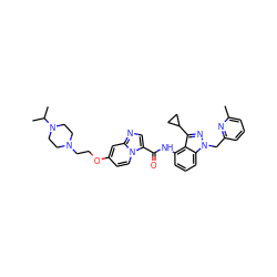 Cc1cccc(Cn2nc(C3CC3)c3c(NC(=O)c4cnc5cc(OCCN6CCN(C(C)C)CC6)ccn45)cccc32)n1 ZINC000117880580