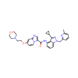 Cc1cccc(Cn2nc(C3CC3)c3c(NC(=O)c4cnc5cc(OCCN6CCOCC6)ccn45)cccc32)n1 ZINC000117878537