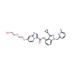 Cc1cccc(Cn2nc(C3CC3)c3c(NC(=O)c4cnc5cc(OCCOCCO)ccn45)cccc32)n1 ZINC000117895624