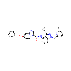 Cc1cccc(Cn2nc(C3CC3)c3c(NC(=O)c4cnc5cc(OCc6ccccc6)ccn45)cccc32)n1 ZINC000117880814