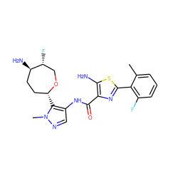 Cc1cccc(F)c1-c1nc(C(=O)Nc2cnn(C)c2[C@@H]2CC[C@@H](N)[C@H](F)CO2)c(N)s1 ZINC000216890148