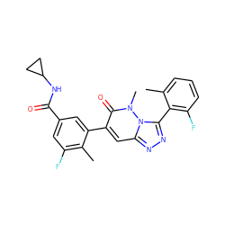 Cc1cccc(F)c1-c1nnc2cc(-c3cc(C(=O)NC4CC4)cc(F)c3C)c(=O)n(C)n12 ZINC000082156174