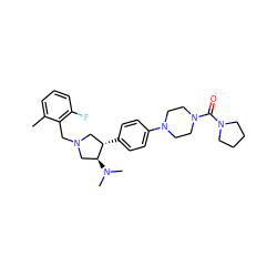 Cc1cccc(F)c1CN1C[C@H](c2ccc(N3CCN(C(=O)N4CCCC4)CC3)cc2)[C@@H](N(C)C)C1 ZINC001772626357