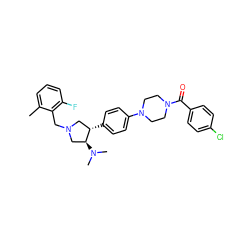 Cc1cccc(F)c1CN1C[C@H](c2ccc(N3CCN(C(=O)c4ccc(Cl)cc4)CC3)cc2)[C@@H](N(C)C)C1 ZINC001772640918