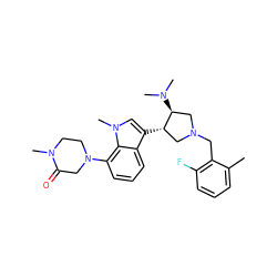 Cc1cccc(F)c1CN1C[C@H](c2cn(C)c3c(N4CCN(C)C(=O)C4)cccc23)[C@@H](N(C)C)C1 ZINC001772627552