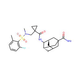 Cc1cccc(F)c1S(=O)(=O)N(C)CC1(C(=O)NC2[C@H]3CC4C[C@H]2CC(C(N)=O)(C4)C3)CC1 ZINC001772577345