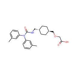 Cc1cccc(N(C(=O)NC[C@H]2CC[C@H](COCC(=O)O)CC2)c2cccc(C)c2)c1 ZINC001772588978