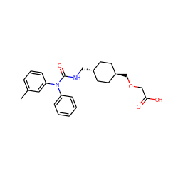 Cc1cccc(N(C(=O)NC[C@H]2CC[C@H](COCC(=O)O)CC2)c2ccccc2)c1 ZINC001772618188