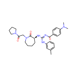 Cc1cccc(N/C(=N\C(=O)c2ccc(N(C)C)cc2)N[C@H]2CCCCN(CC(=O)N3CCCC3)C2=O)c1 ZINC000101201540