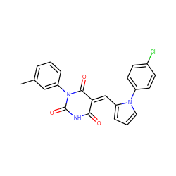 Cc1cccc(N2C(=O)NC(=O)/C(=C\c3cccn3-c3ccc(Cl)cc3)C2=O)c1 ZINC000002982331