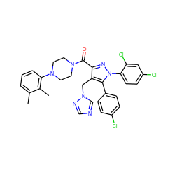 Cc1cccc(N2CCN(C(=O)c3nn(-c4ccc(Cl)cc4Cl)c(-c4ccc(Cl)cc4)c3Cn3cncn3)CC2)c1C ZINC000049762530