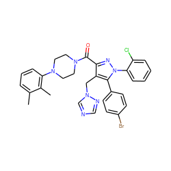 Cc1cccc(N2CCN(C(=O)c3nn(-c4ccccc4Cl)c(-c4ccc(Br)cc4)c3Cn3cncn3)CC2)c1C ZINC000049766935