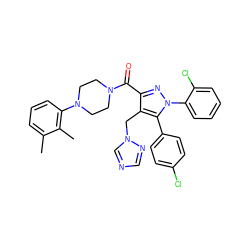 Cc1cccc(N2CCN(C(=O)c3nn(-c4ccccc4Cl)c(-c4ccc(Cl)cc4)c3Cn3cncn3)CC2)c1C ZINC000049766431